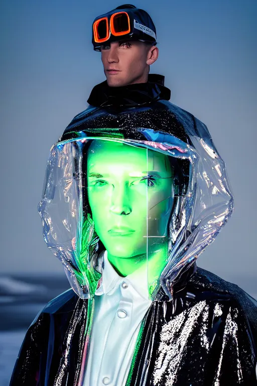 Image similar to an ultra high definition professional high fashion portrait studio full length photograph of a male model wearing a transparent pearlescent raincoat and neon visor in an icelandic black rock environment at dawn. no artefacts. extremely detailed. stark. refraction. shallow depth of field. volumetric light and shadow. ray tracing. light rays.