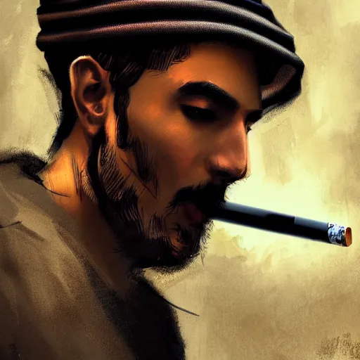 Image similar to saudi arab man smoking cigarettes digital art in the style of greg rutkowski and craig mullins, 4 k