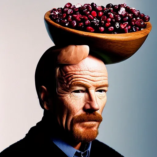 Image similar to tiny bryan cranston's long neck sticking out of a bowl of cranberries, body submerged in cranberries, natural light, sharp, detailed face, magazine, press, photo, steve mccurry, david lazar, canon, nikon, focus