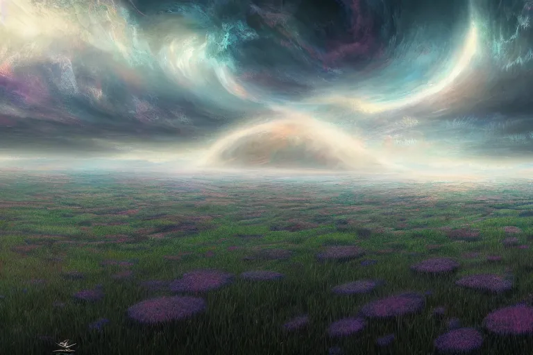 Image similar to a psychedelic realm with rolling plains made out of clouds, and tear in the sky that leads into the multiverse, in the style of wlop, illustration, epic, fantasy, hyper detailed, smooth, unreal engine, sharp focus, ray tracing