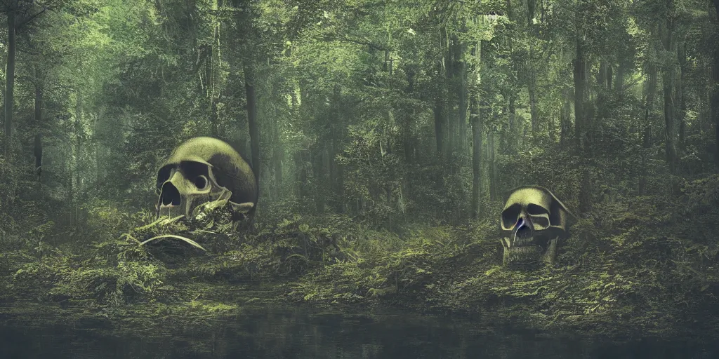 Image similar to a photo of a dream world, forest, river, skull, church