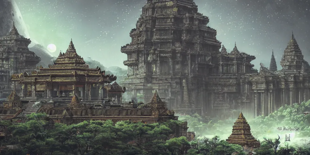 Image similar to a large kowloon khmer temple on the moon, filled with plants and habitats, hyper detailed, dieselpunk, technology, cinematic atmosphere, trending on artstation, cgsociety