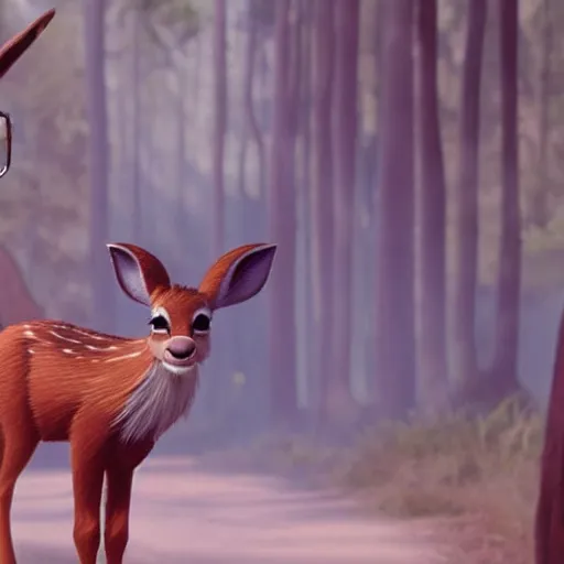 Prompt: disney movie still of bambi wearing sunglasses