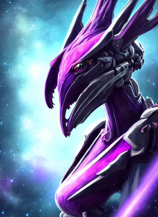 Image similar to cinematic bust shot, cosmic beautiful stunning giant robot mecha hot female dragon goddess, sharp spines, sharp metal ears, smooth purple eyes, smooth fuschia skin, elegant smooth silver armor, nebula size, epic proportions, epic scale, macro furry, furry art, dragon art, goddess art, giantess art, warframe, warframe fanart, furaffinity, octane