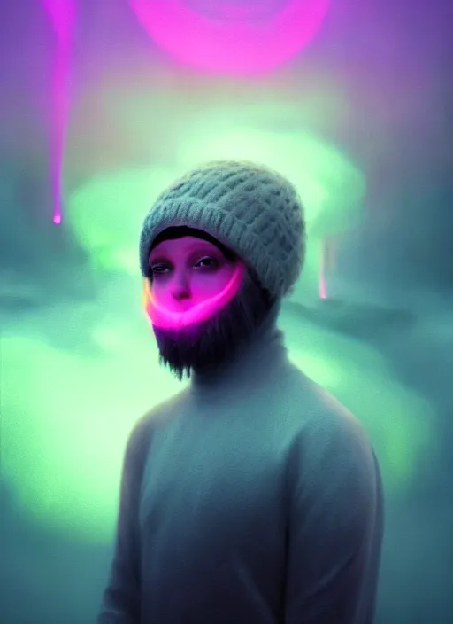 Image similar to an ethereal, misty portrait of a minion whose face is accented with neon - toned glowing eyeliner. the makeup floats off his face and joins swirling clouds of smoke and fog, becoming an aurora. muted tones. surreal portrait, cinematic lighting, 8 k, smooth, sharp focus, digital painting, rendered in octane, painted by tom bagshaw, artgerm