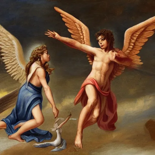 Image similar to an angel and a daemon is fighting