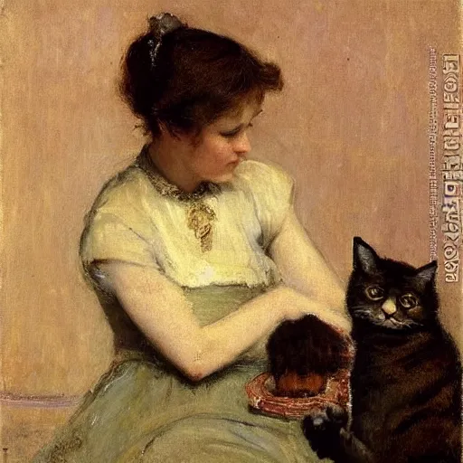 Image similar to young woman petting her cat by alfred stevens