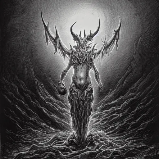 Image similar to full body grayscale drawing by Gustave Dore and Anato Finnstark of horned humanoid demon, engulfed in swirling flames