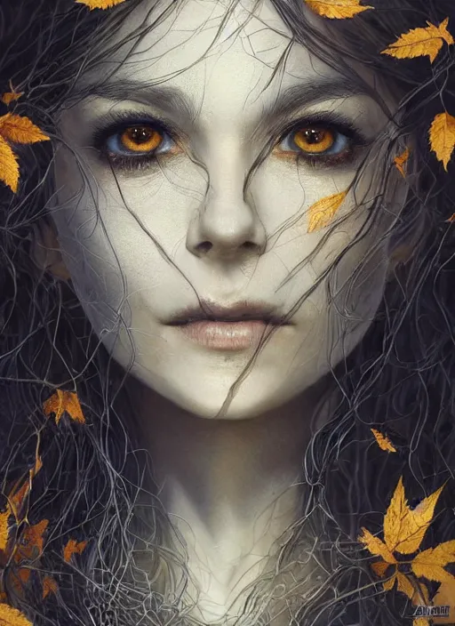 Image similar to golden leaves at frame border, creative!!! composition for a book cover!!!, absurdly beautiful, ultrafine hyperrealistic detailed old witch face by wlop and artgerm and greg rutkowski, intricate linework, sharp focus, smooth, octopath traveler, final fantasy, unreal engine, dramatic lighting, ethereal, 8 k