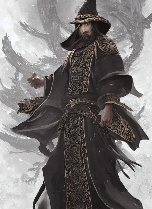 Image similar to a highly detailed illustration of Hiroyuki Sanada as wizard wearing ornate black robe and mage hat, dramatic magic floating pose, intricate, elegant, highly detailed, centered, digital painting, artstation, concept art, smooth, sharp focus, league of legends concept art, WLOP