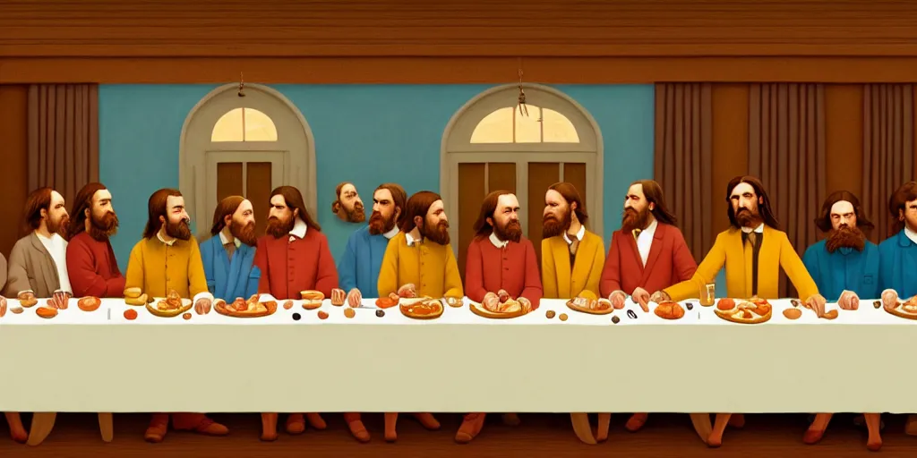 Prompt: wes anderson last supper, digital painting, trending on artstation, sharp focus, 4 k