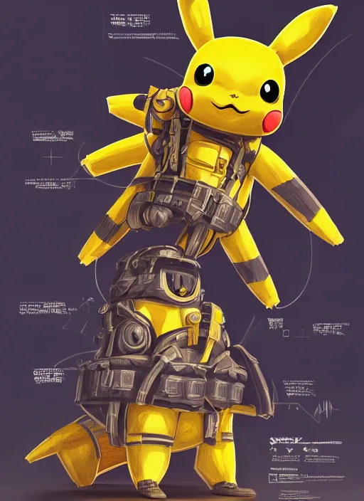 Image similar to high intricate pikachu in technical gear, on space harbor, full shot, maria panfilova, andrea savchenko, mike kime, ludovic plouffe, qi sheng luo, oliver cook, julian calle, eddie mendoza, trending on artstation