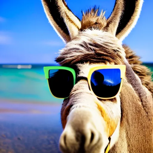 Prompt: a donkey wearing cool sunglasses at a beautiful beach, 8k, amazing detail, photorealistic