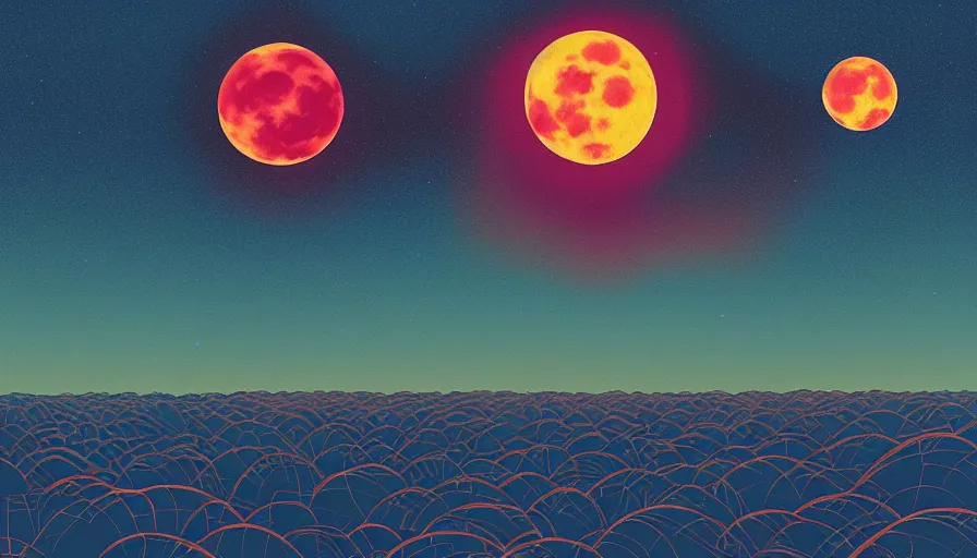 Image similar to harvest moon floating on cosmic maelstrom sky at sunset, futurism, dan mumford, victo ngai, kilian eng, da vinci, josan gonzalez