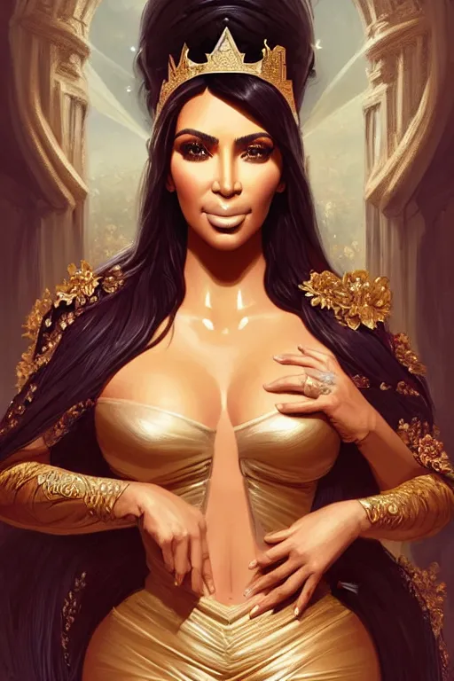 Prompt: Kim Kardashian as a princess, fantasy, intricate, elegant, highly detailed, digital painting, artstation, concept art, matte, sharp focus, illustration, art by Artgerm and Greg Rutkowski and Alphonse Mucha