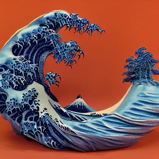 Prompt: claymation, 3 d clay sculpture, made of clay, ocean waves sculpture, inspired by hokusai