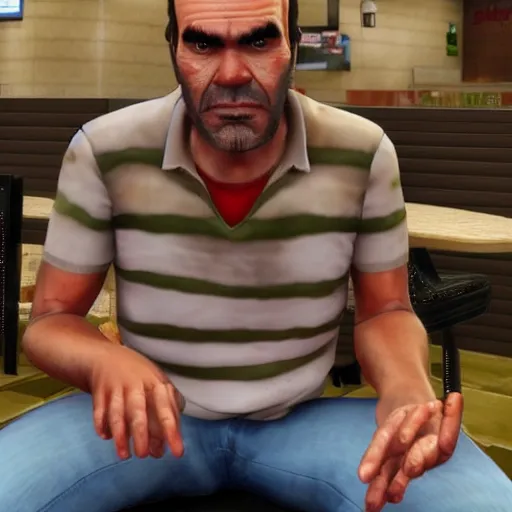 Image similar to Trevor Philips sitting at a burger king