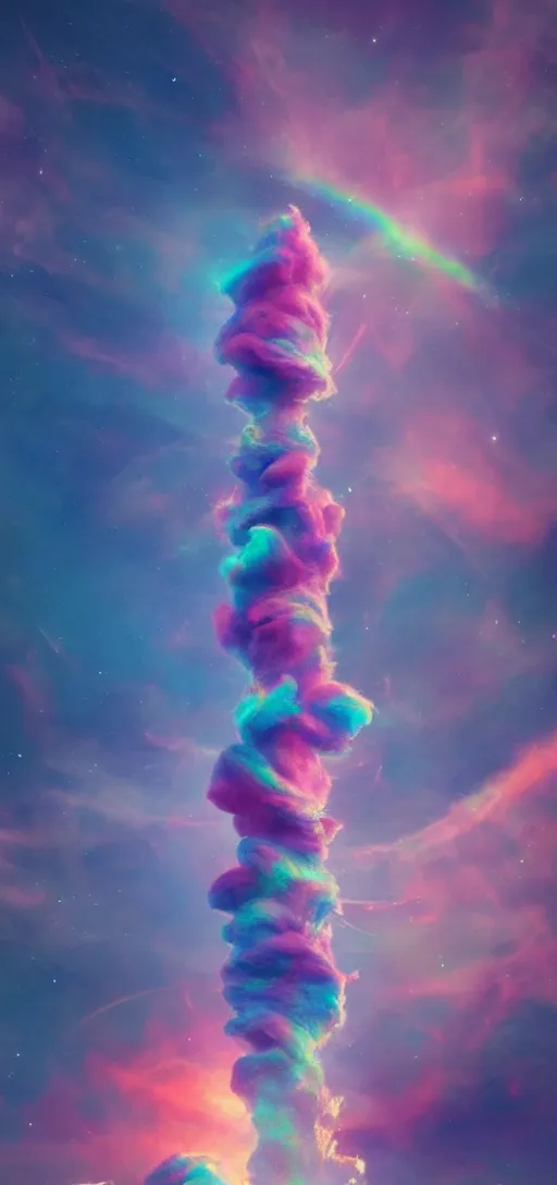 Prompt: cotton candy tower, dreamy, ethereal, cosmic, majestic, interstellar, iridescent colored sky, vibrant, nebula, digital art, airbrush, intricate, epic, depth, artstation, highly detailed, stunning, octane render, 8k