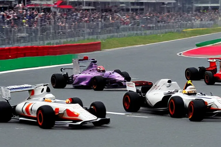 Prompt: photo of formula one cars in a race