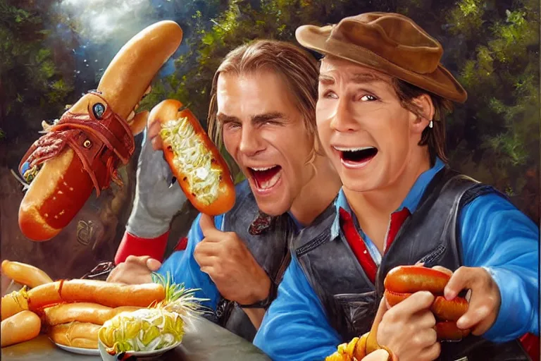 Image similar to portrait of wwf shawn michaels and thomas the tank engine sharing hotdogs, an oil painting by ross tran and thomas kincade