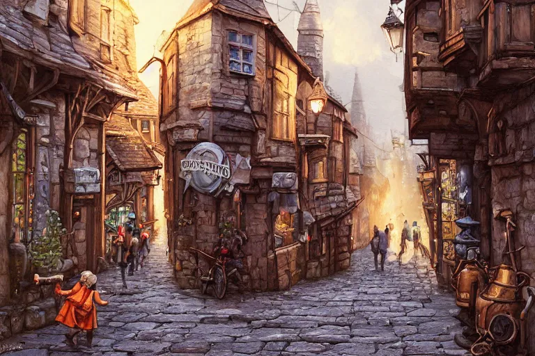 Image similar to a busy fantasy street looking down one street within a fascinating old city, quirky shops, narrow streets, old buildings, cobblestones on the ground, stone steps, street life, by Sylvain Sarrailh, single street, cinematic, simple but effective composition, clean lines, beautiful digital painting, oil painting, detailed, dungeons and dragons, lord of the rings