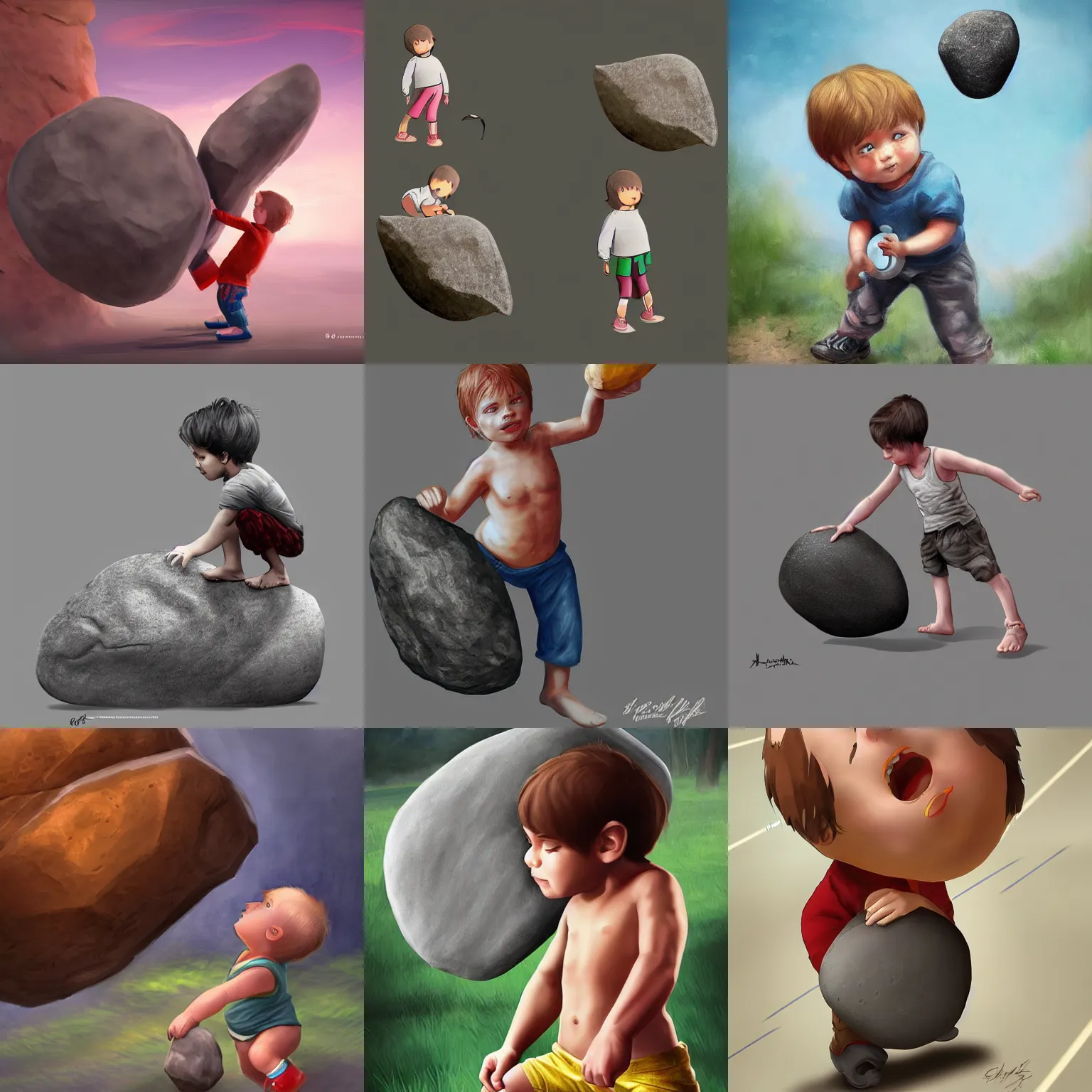 Prompt: child lifting a huge rock, detailed digital art trending in artstation