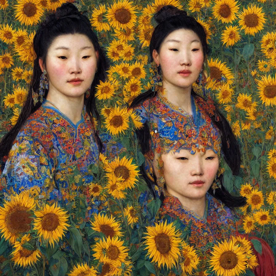 Image similar to a beautiful mongolian woman wearing colourful face paint surrounded by bright intricate patterns of sunflowers and other plants, by edgar maxence and caravaggio and michael whelan, intricate painting, hyperrealistic, finely detailed and beautiful aesthetic face, 8 k resolution