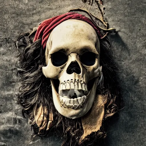 Prompt: scene of a dirty rugged old pirate lord wearing dirty old black hat, black coat and a worn and stained skull bone mask, long black beard and long black hair, dark scene with dim light, movie scene gold and teal, depth of field