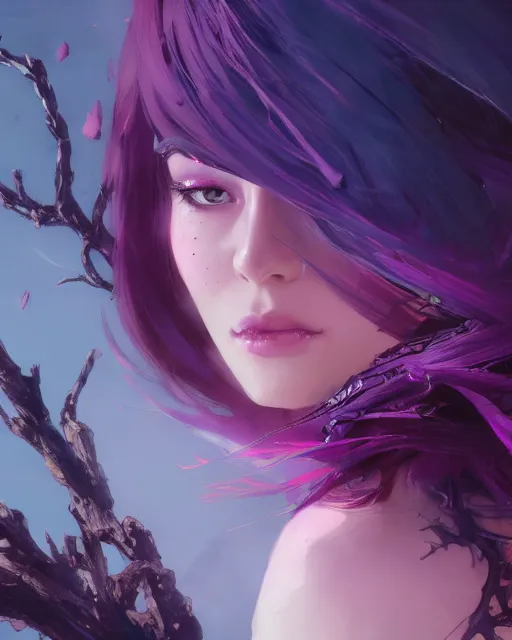 Image similar to a highly detailed digital art of A beautiful woman, with medium length magenta hair covering an eye, and a tall tree, and large obsidian crystals, cinematic lighting, dramatic atmosphere, by Dustin Nguyen, Akihiko Yoshida, Greg Tocchini, Greg Rutkowski, Cliff Chiang, 4k resolution, trending on artstation