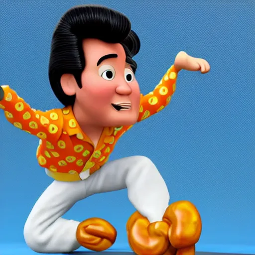 Image similar to elvis presley with pretzel legs, pixar character, 3 d, stage background