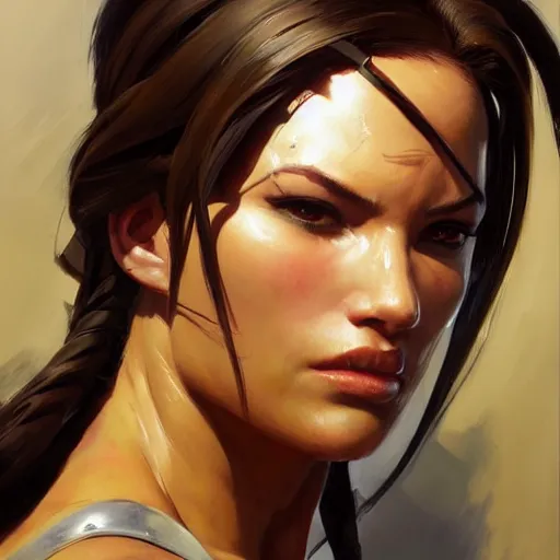 Image similar to greg manchess portrait painting of partially armored lara croft as overwatch character, close - up shot, asymmetrical, profile picture, organic painting, sunny day, matte painting, bold shapes, hard edges, street art, trending on artstation, by huang guangjian and gil elvgren and sachin teng