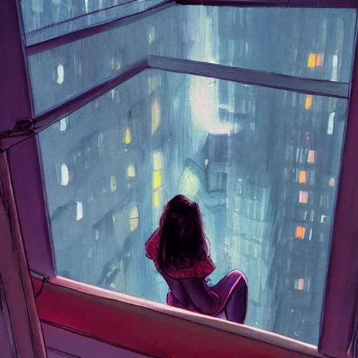 Prompt: a beautiful artwork of a woman in jeans and a white shirt sitting on the balcony of a hotel at night, top view, neon and rainy theme atmosphere by Jerome Opeña, featured on artstation