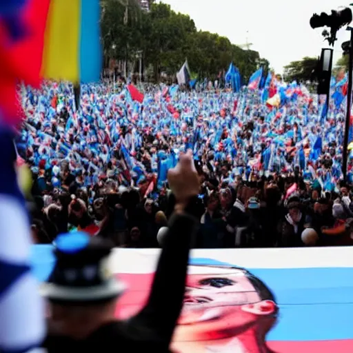 Image similar to Lady Gaga as president, Argentina presidential rally, Argentine flags behind, bokeh, giving a speech, detailed face, Argentina