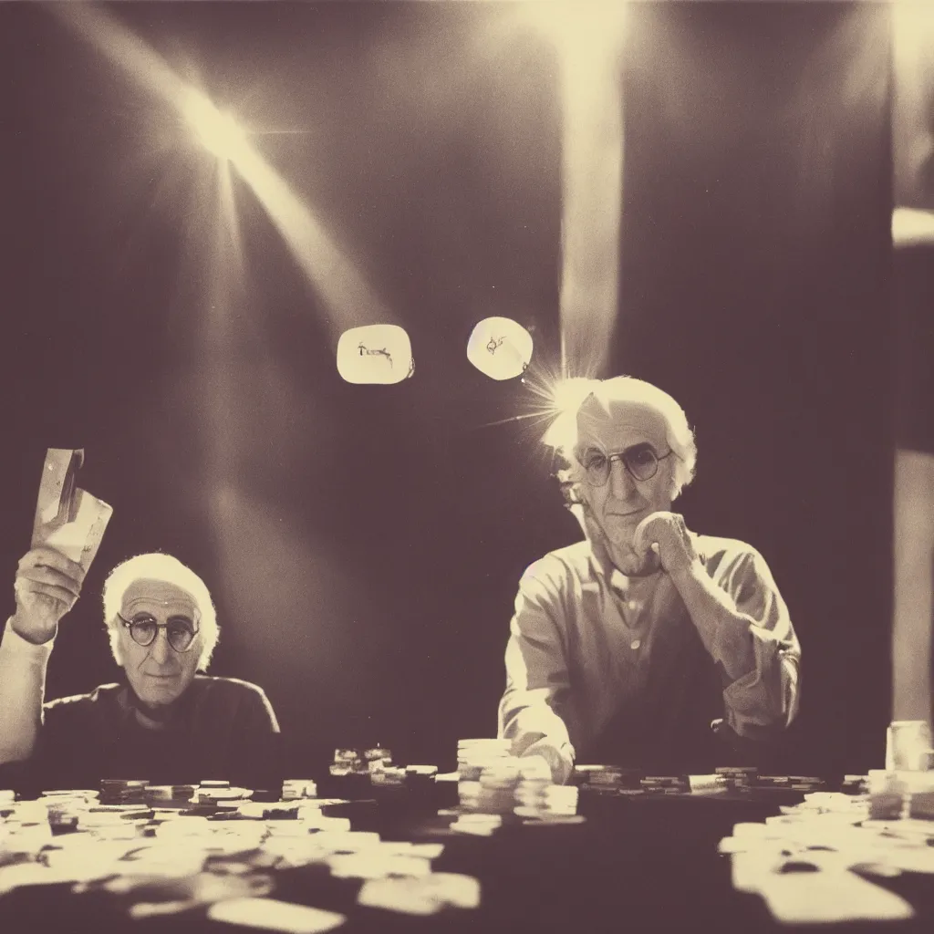 Prompt: analog polaroid portrait of larry david playing poker, sunlight, reflection, sparkles, lensflare, film grain, 8k, color bleed
