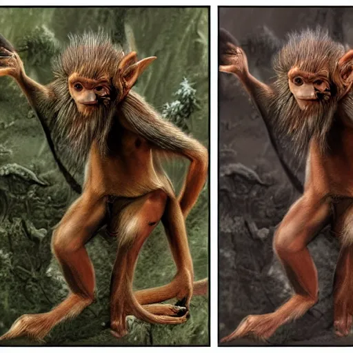 Prompt: fantasy elves descended from gibbons. HD photorealistic render reconstruction from fossil evidence.