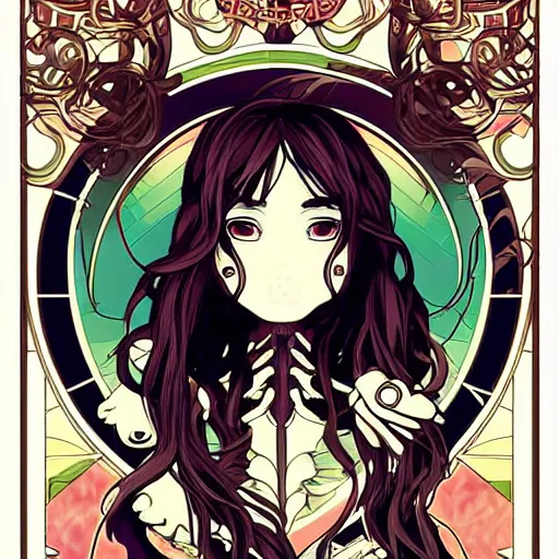 Image similar to anime manga skull portrait girl female cyborg skeleton profile illustration style by Alphonse Mucha pop art nouveau