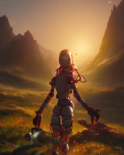 Image similar to friendly carrot cyborg, scifi farm, morning light, cinematic, mountains, atmosphere, welcoming smile, high quality, perfect, 8 k high detail, masterpiece, trending on artstation, by akihiko yoshida