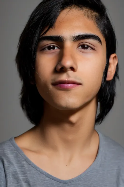 Image similar to close up headshot of an androgynous Hispanic teen male with medium length slightly wavy black hair a wide smile brown eyes a small nose tidy plucked eyebrows dark brown eyes and a diamond shaped face, high resolution film still, 8k, HDR color, gazing dark brown eyes, high cheek bones