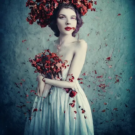 Prompt: full body fine art photo of the most beautiful woman, she has a crown of dried roses, by oleg oprisco