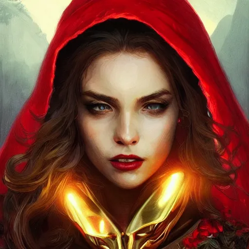 Image similar to Beautiful face Portrait of Little Red Riding Hood with a golden black panther, magic lighting, intricate, wild, highly detailed, digital painting, artstation, concept art, smooth, sharp focus, illustration, art by artgerm and greg rutkowski and alphonse mucha, footage from space camera