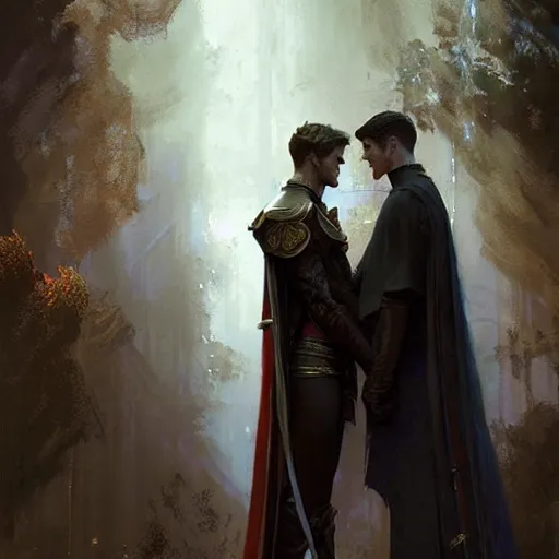 Image similar to attractive fully clothed king confesses his love for his attractive fully clothed male prince. highly detailed painting by craig mullins, tom bagshaw,