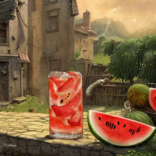 Image similar to sprite soda and watermelon, a detailed matte painting by anton pieck, deviantart contest winner, fantasy art, concept art, official art, matte drawing