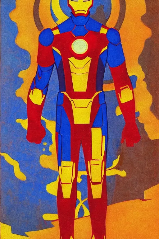 Image similar to iron man, marvel, artwork by nicholas roerich