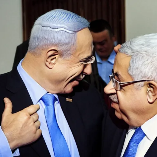 Image similar to Benjamin Netanyahu and Mahmoud Abbas kissing on the mouth, photojournalism photography