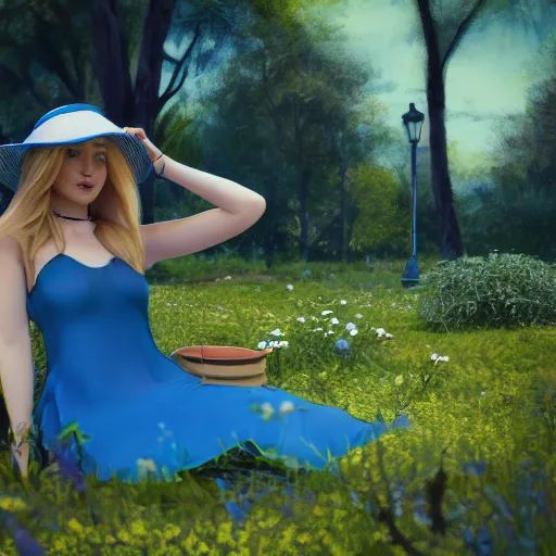 Prompt: blonde girl in a blue dress and a sun hat sitting barefoot in a garden, hyperdetailed, cinematic, kinemacolor, artstation, photorealistic, beautiful 8 k