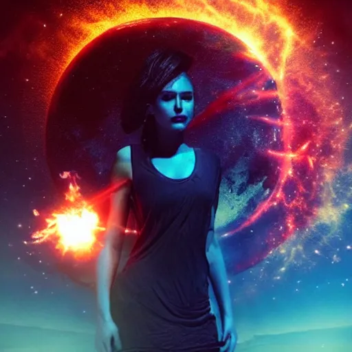 Image similar to a goddess, sci - fi aesthetics, on fire, photoshop, colossal, creative and cool, giant, digital art, photo manipulation, planets, earth, outer space, smoke, destruction