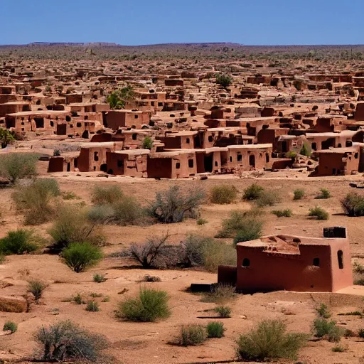 Prompt: A village of mud and bricks houses perched on top a wide mesa, in the Arizona desert. Scenic view, trending on 500px