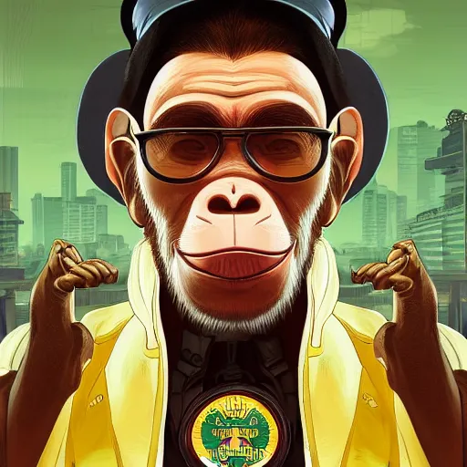 Image similar to [Monkey as president of Banana as GTA character, propaganda!, closeup, D&D, intricate, elegant, highly detailed, digital painting, artstation, concept art, matte, sharp focus, illustration, art by Artgerm and Greg Rutkowski and Alphonse Mucha and Enki Bilal]