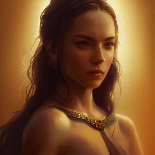 Image similar to portrait of a confident goddess, in modern era, upper body, D&D, intricate, cinematic lighting, highly detailed, digital painting, artstation, concept art, smooth, sharp focus, illustration, art by Artgerm and Greg Rutkowski