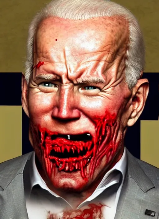 Image similar to hyper realistic terror photo Doom horror furious glowing red eyes biden